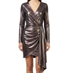 Cache Mini Dress Shiny Dark‎ Purple Ruched V Neck Party Glam Shimmer Chic Size 4